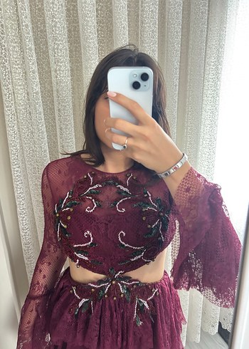Raisa & Vanessa Bordo Dantel İşlemeli Mini Bohem Elbise