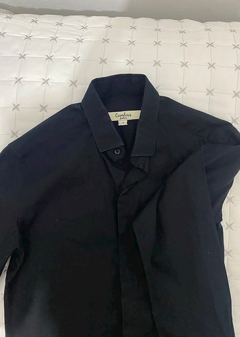 Düz Siyah Erkek Gömlek, Uzun Kollu, Düğmeli - Görsel 3