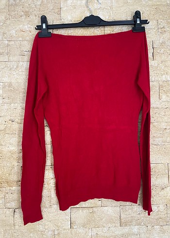 Kırmızı V Yakalı Uzun Kollu Kadın  Kazak - Görsel 2