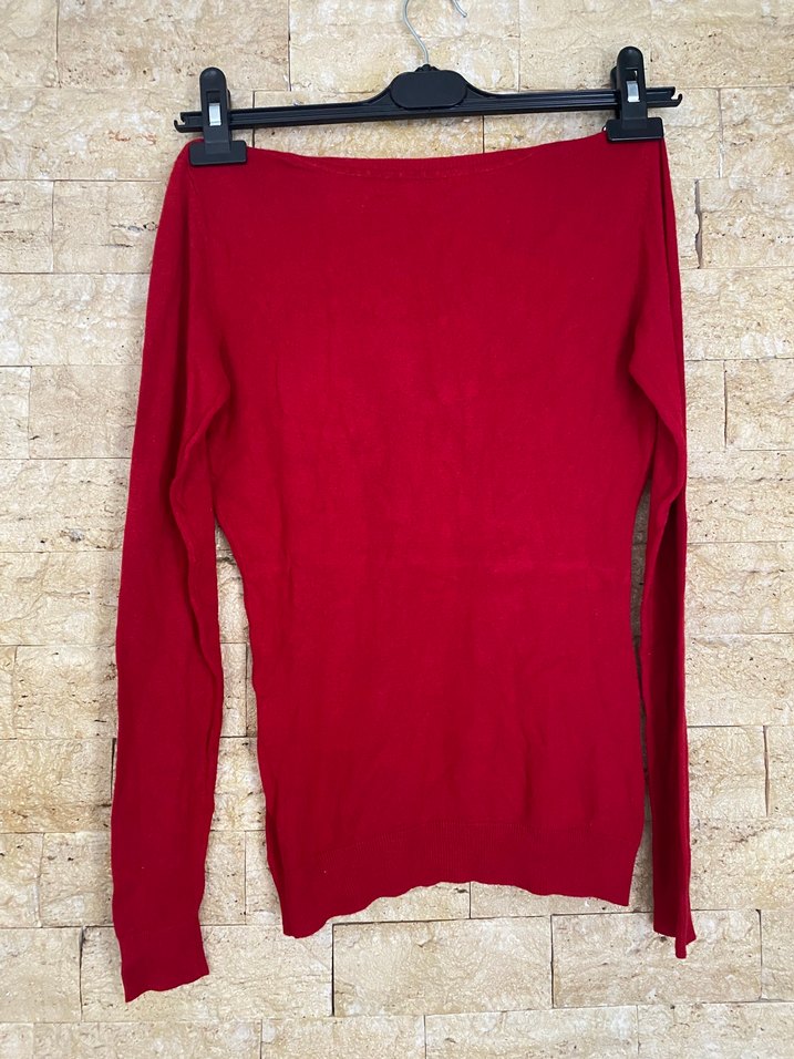 Kırmızı V Yakalı Uzun Kollu Kadın  Kazak - Görsel 2