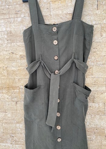 Düğmeli Uzun Askılı Kadın Elbise - Görsel 3