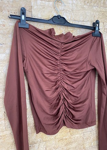 Drapeli Uzun Kollu Kısa Kahverengi Bluz - Görsel 2