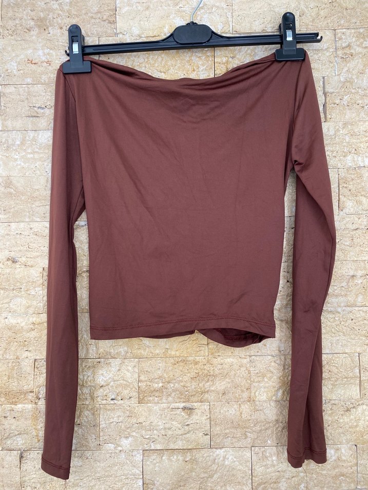 Drapeli Uzun Kollu Kısa Kahverengi Bluz - Görsel 3