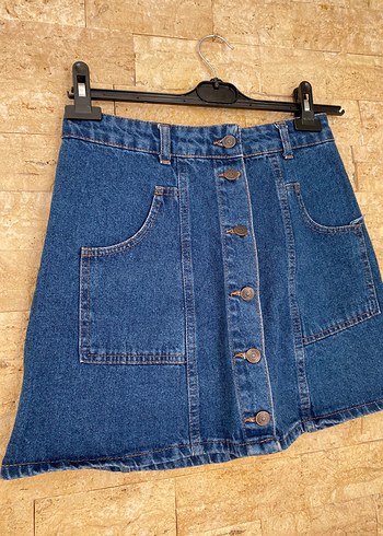 Düğmeli Mavi Denim Mini Etek - Görsel 2