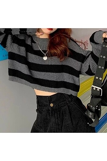 Streetwear Siyah Gri Crop Kazak
