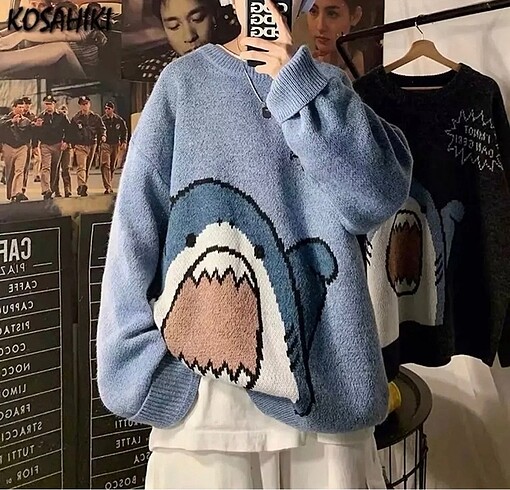 Harajuku Cute Shark - I'm Not Danger Mavi Oversize Kazak