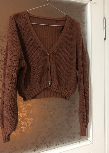 Kadın Kahverengi Örgü Crop Hırka - Görsel 3