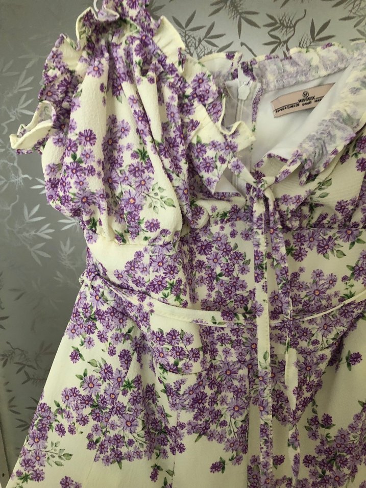 Mor Çiçekli  elbise gorunumlu şort tulum - Görsel 3