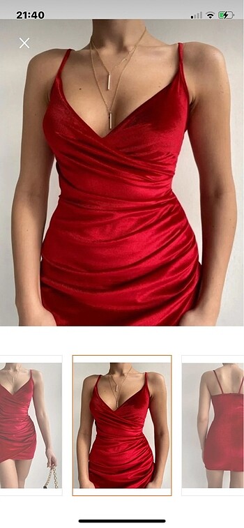 kırmızı askılı kruvaze yaka elbise - Görsel 2