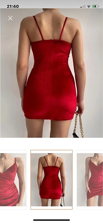 kırmızı askılı kruvaze yaka elbise - Görsel 3