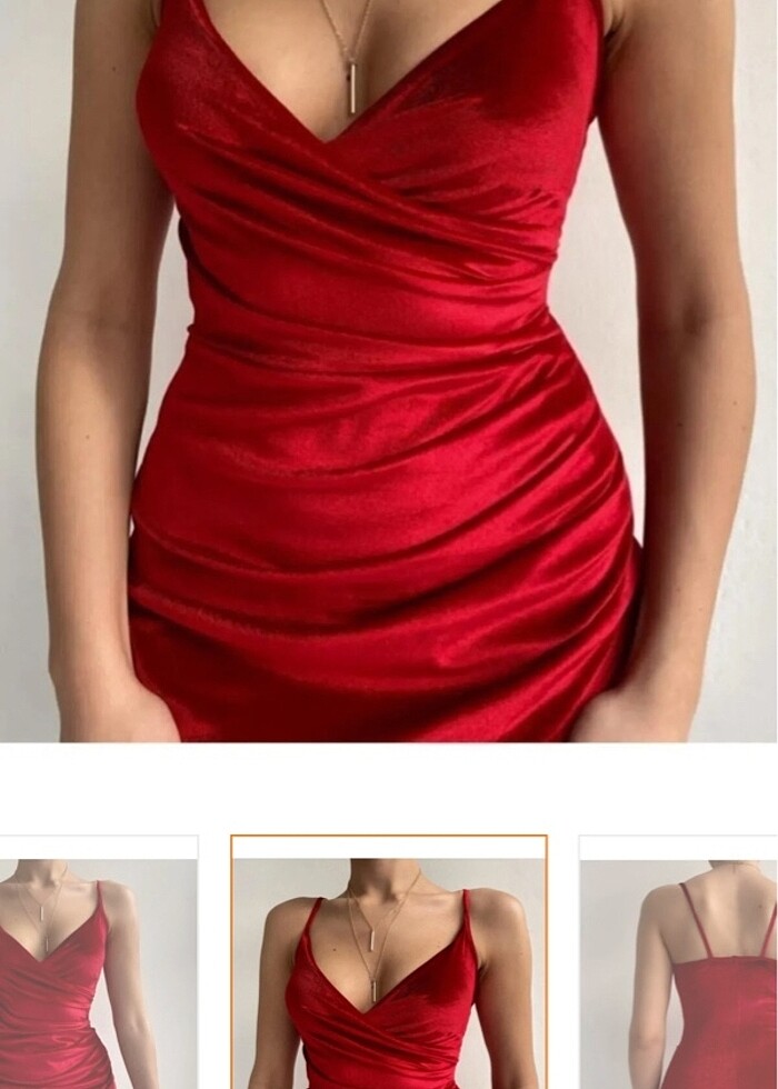 kırmızı askılı kruvaze yaka elbise - Görsel 2