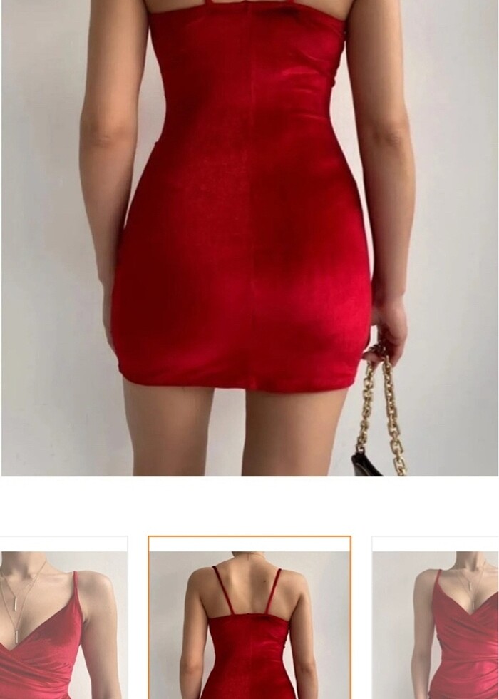 kırmızı askılı kruvaze yaka elbise - Görsel 3