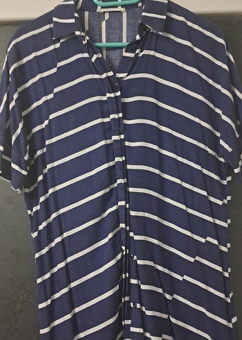 Lacivert Çizgili Kısa Kollu Kadın Gömlek - Görsel 2