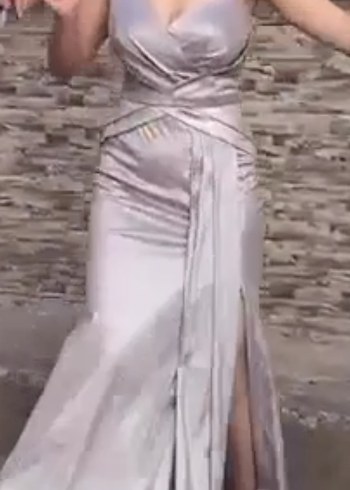 Parlak Gri Uzun Straplez Abiye Elbise - Görsel 4