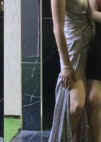 Parlak Gri Uzun Straplez Abiye Elbise - Görsel 2