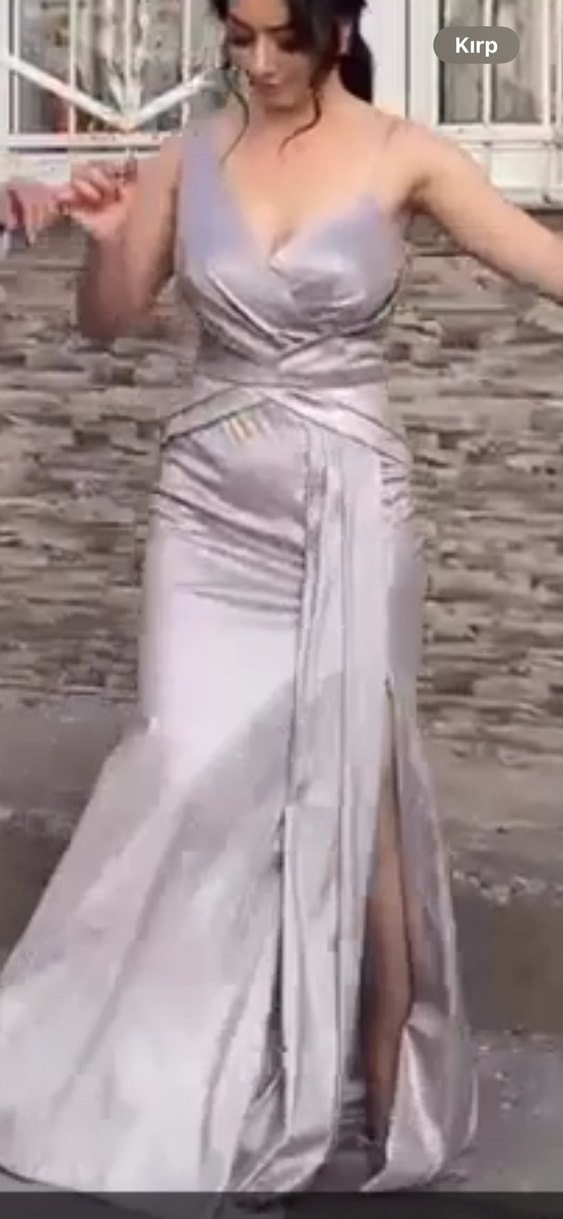 Parlak Gri Uzun Straplez Abiye Elbise - Görsel 4