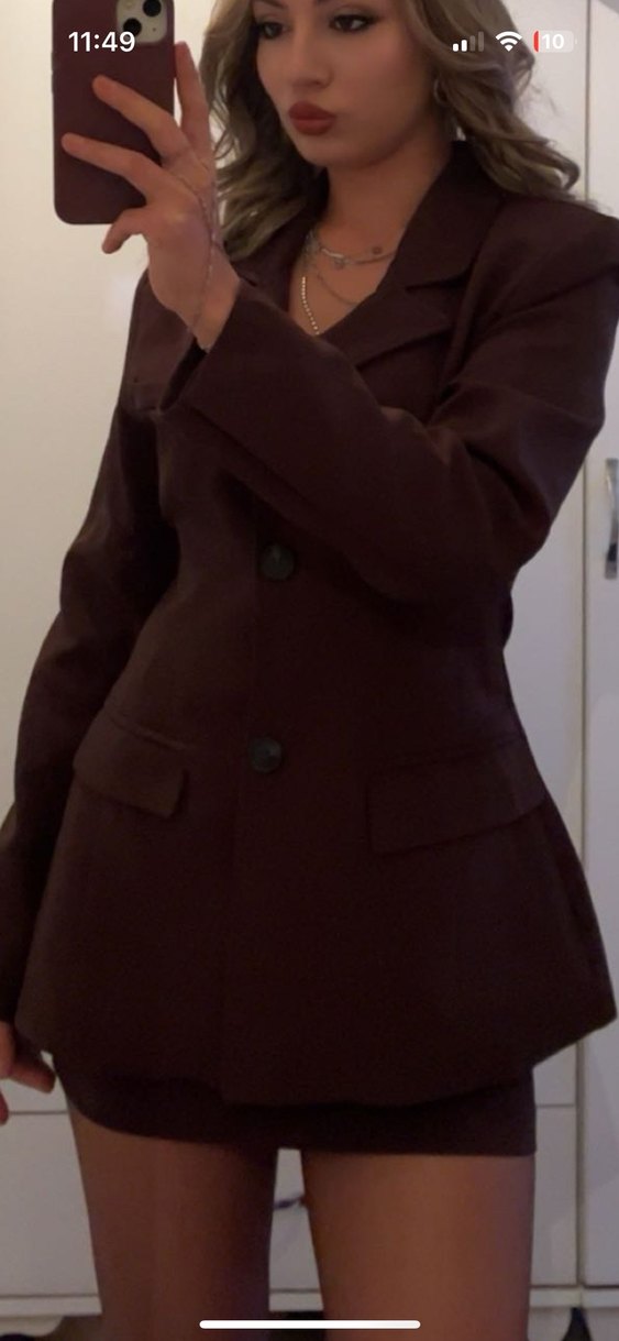 Kahverengi kadın blazer etek takım - Görsel 2