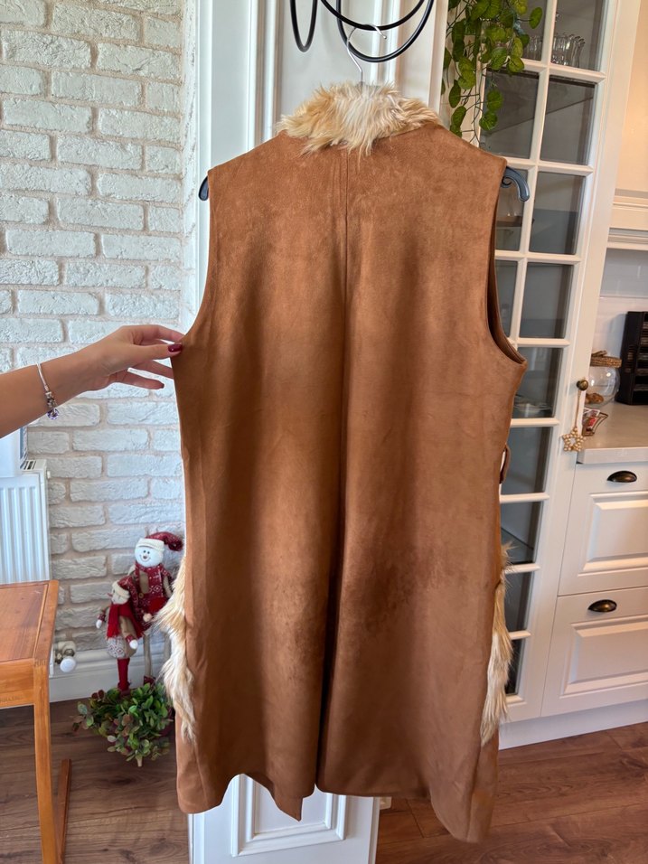 Kahverengi Süet Uzun Kürklü Kadın Yelek - Görsel 4