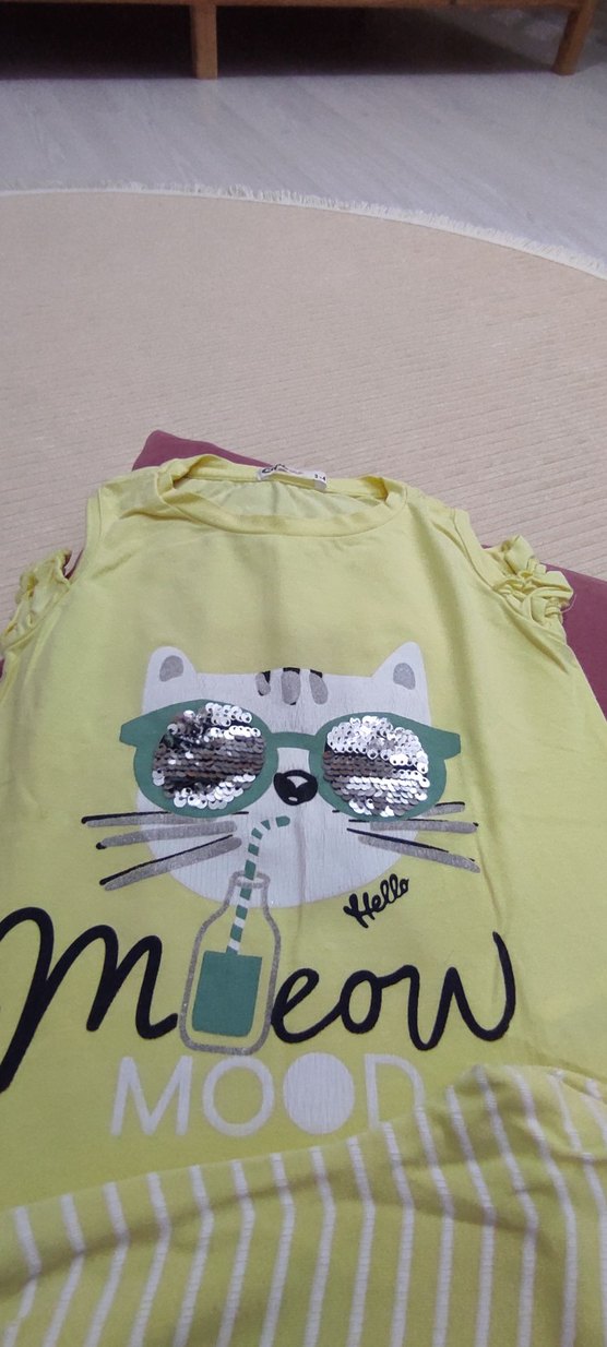 Sarı Baskılı Kediler  Tişört Tayt Takım - Görsel 2