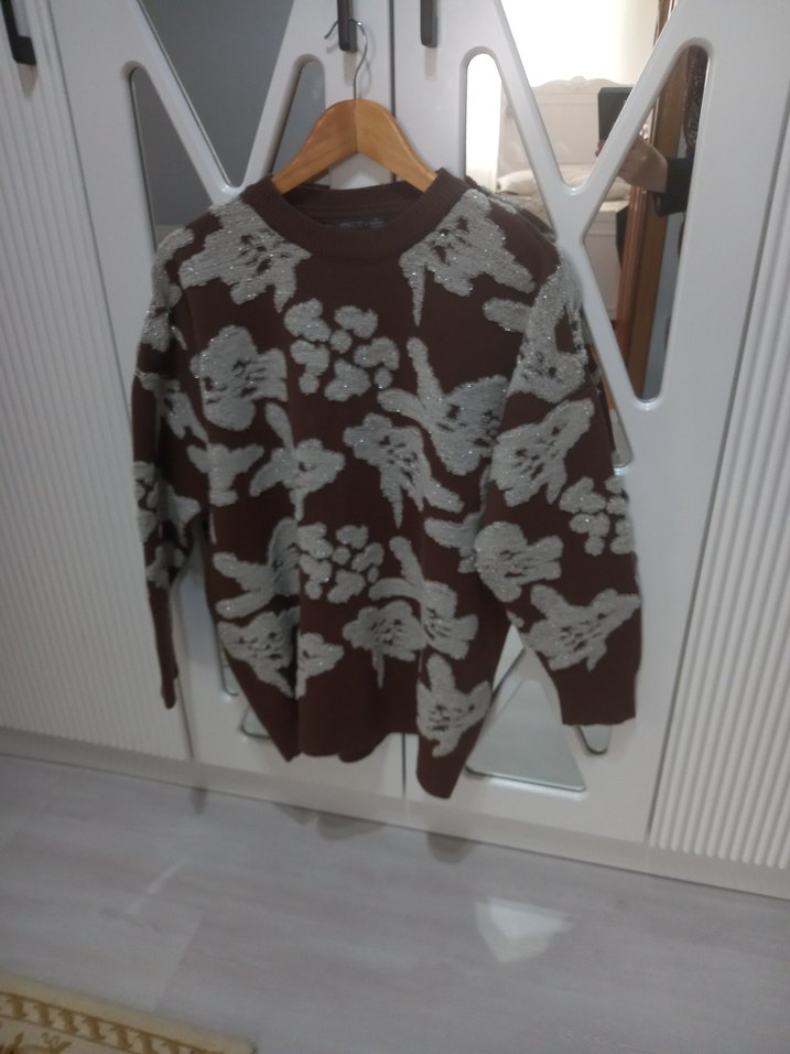 Kadın Kahverengi Gri Desenli Triko Kazak - Görsel 4