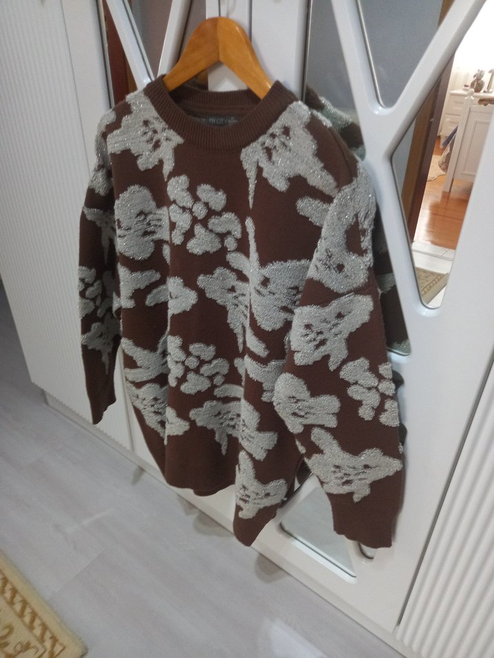 Kadın Kahverengi Gri Desenli Triko Kazak - Görsel 2