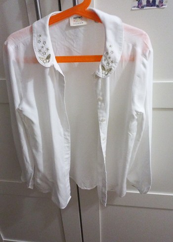 Uzun Kollu, Düğmeli Beyaz kız çocuğu gömlek - Görsel 2