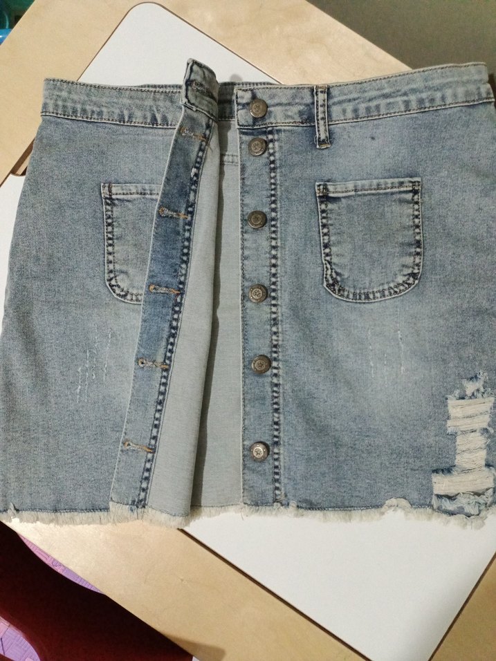 Düğmeli Mavi Denim Mini Etek - Görsel 3