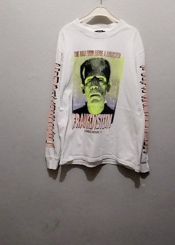 Erkek Beyaz Uzun Kollu Punk Sweatshirt S bee geniş kesim