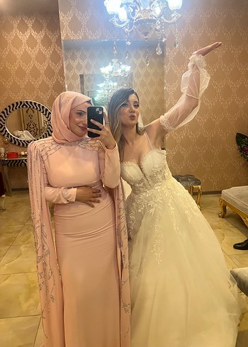 Abiye Bej Uzun Kol Drapeli Tesettür Abiye