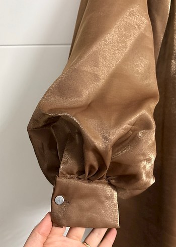 Bej Saten Salaş Uzun Kollu Bluz pantolon takım - Görsel 2