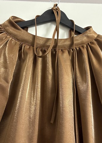 Bej Saten Salaş Uzun Kollu Bluz pantolon takım - Görsel 3