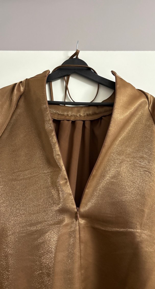 Bej Saten Salaş Uzun Kollu Bluz pantolon takım - Görsel 4