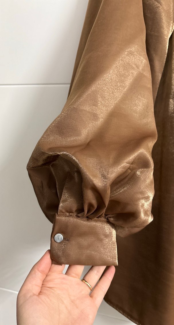 Bej Saten Salaş Uzun Kollu Bluz pantolon takım - Görsel 2