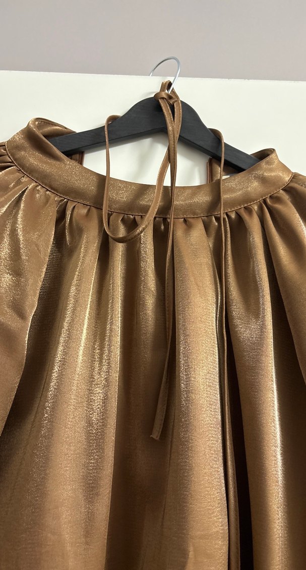 Bej Saten Salaş Uzun Kollu Bluz pantolon takım - Görsel 3