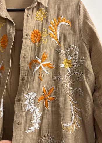 Nakışlı Bej Keten Bohem Kadın Gömlek - Görsel 2