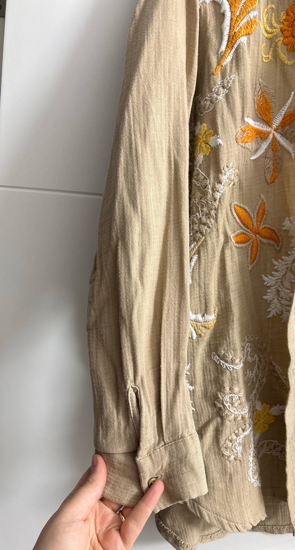 Nakışlı Bej Keten Bohem Kadın Gömlek - Görsel 4