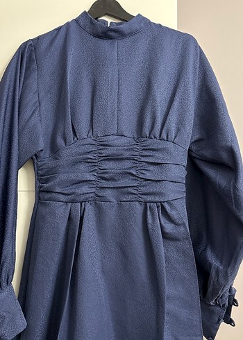 Lacivert Uzun Keten Elbise Yüksek Yaka - Görsel 3