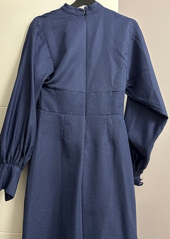 Lacivert Uzun Keten Elbise Yüksek Yaka - Görsel 6