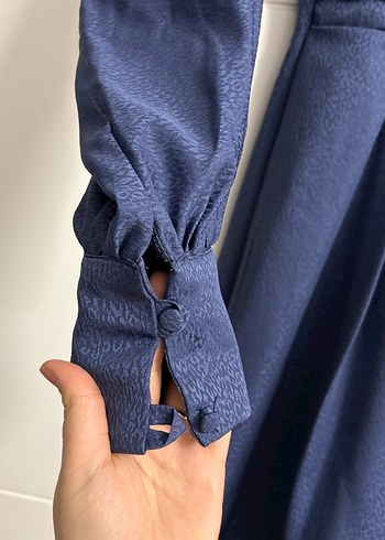 Lacivert Uzun Keten Elbise Yüksek Yaka - Görsel 2