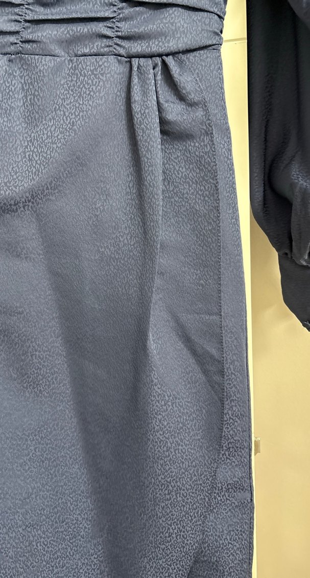 Lacivert Uzun Keten Elbise Yüksek Yaka - Görsel 4