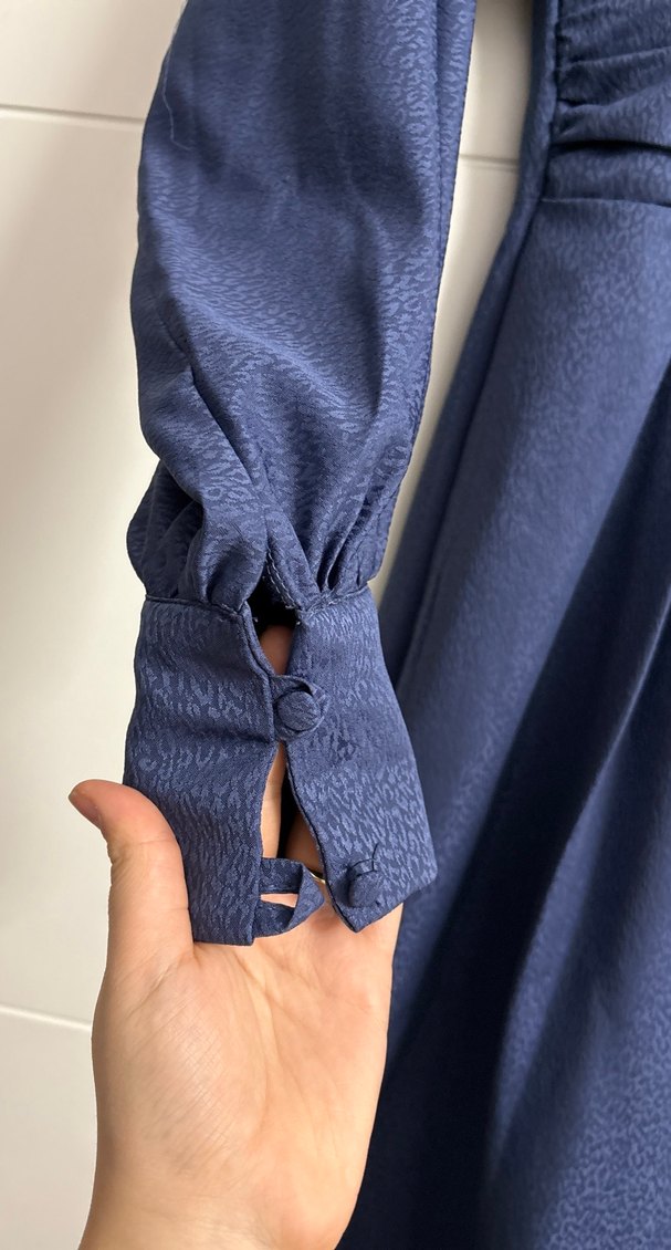 Lacivert Uzun Keten Elbise Yüksek Yaka - Görsel 2