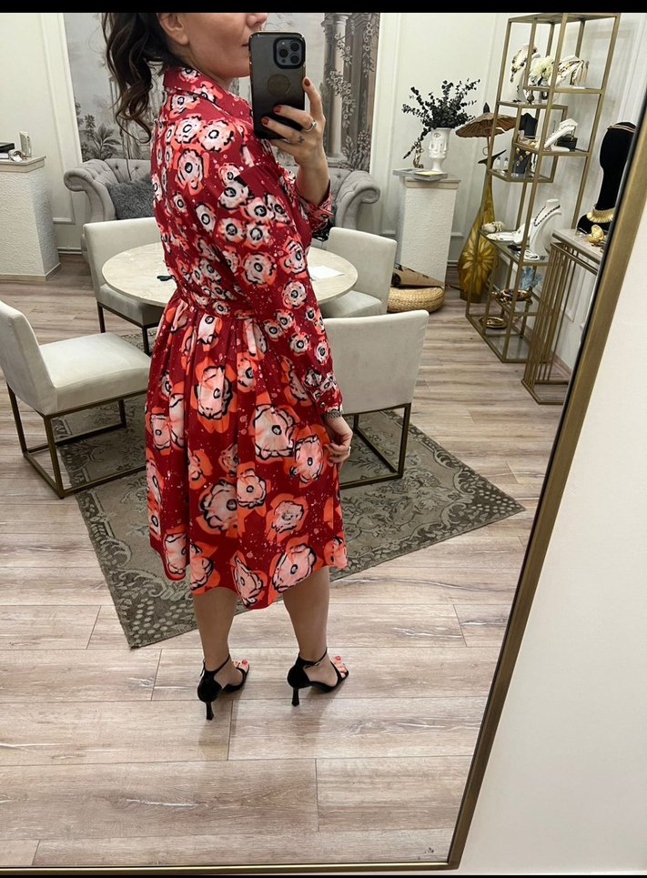 Kemerli Kırmızı Uzun Bohem Elbise - Görsel 4