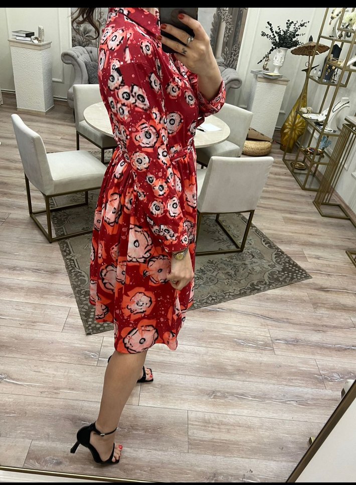 Kemerli Kırmızı Uzun Bohem Elbise - Görsel 3