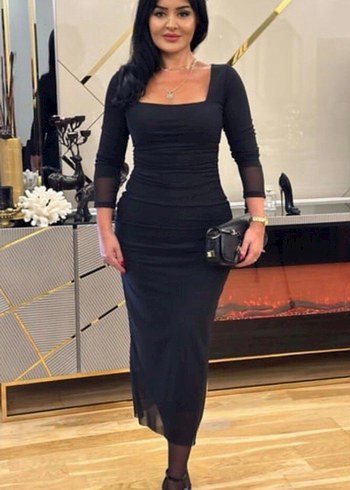 Ebru küçükselvi Siyah Uzun Kollu Drapeli Straplez Elbise - Görsel 2