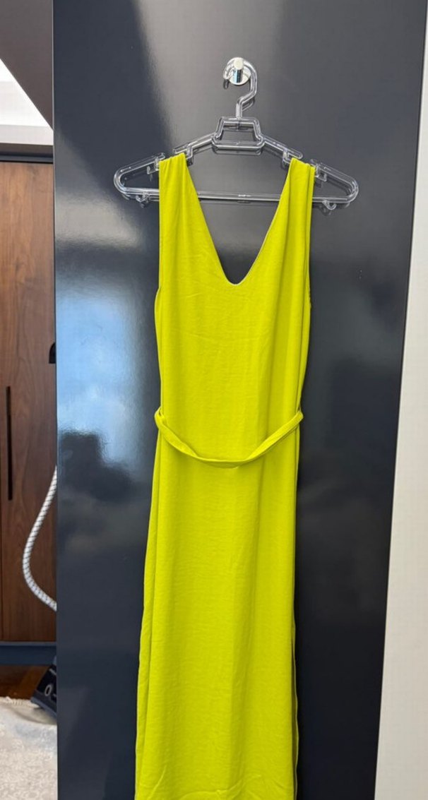 Sarı Uzun Kollu V Yakalı Düğmeli Elbise - Görsel 3