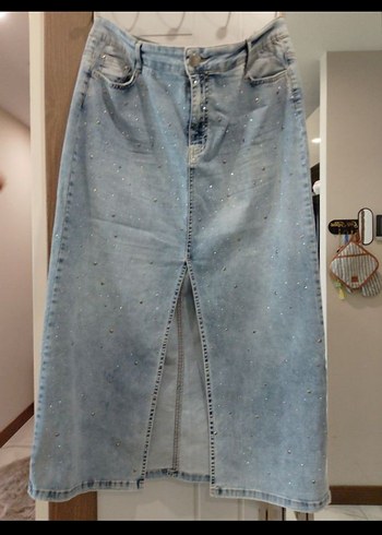 Düğmeli taşlı Mavi Midi Denim Etek - Görsel 2