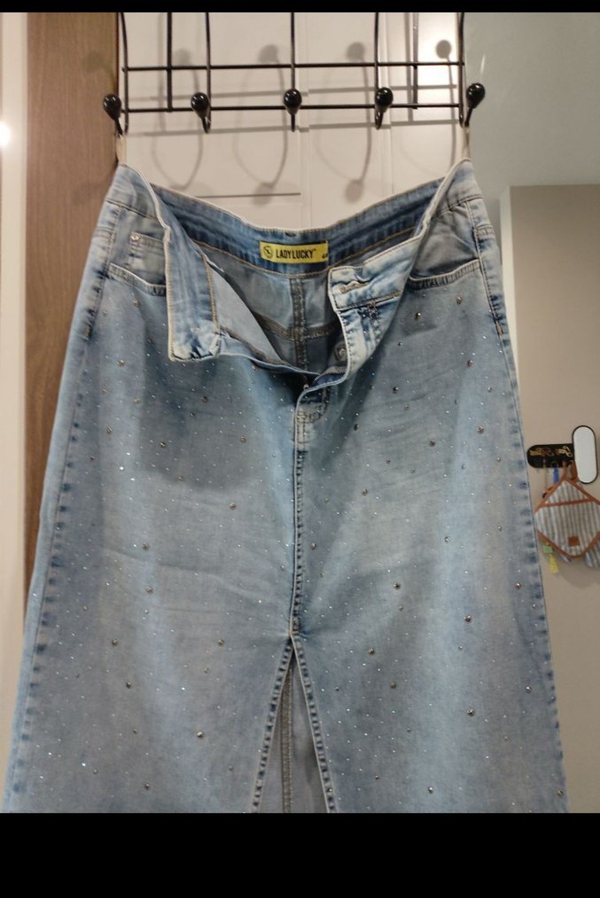 Düğmeli taşlı Mavi Midi Denim Etek - Görsel 5