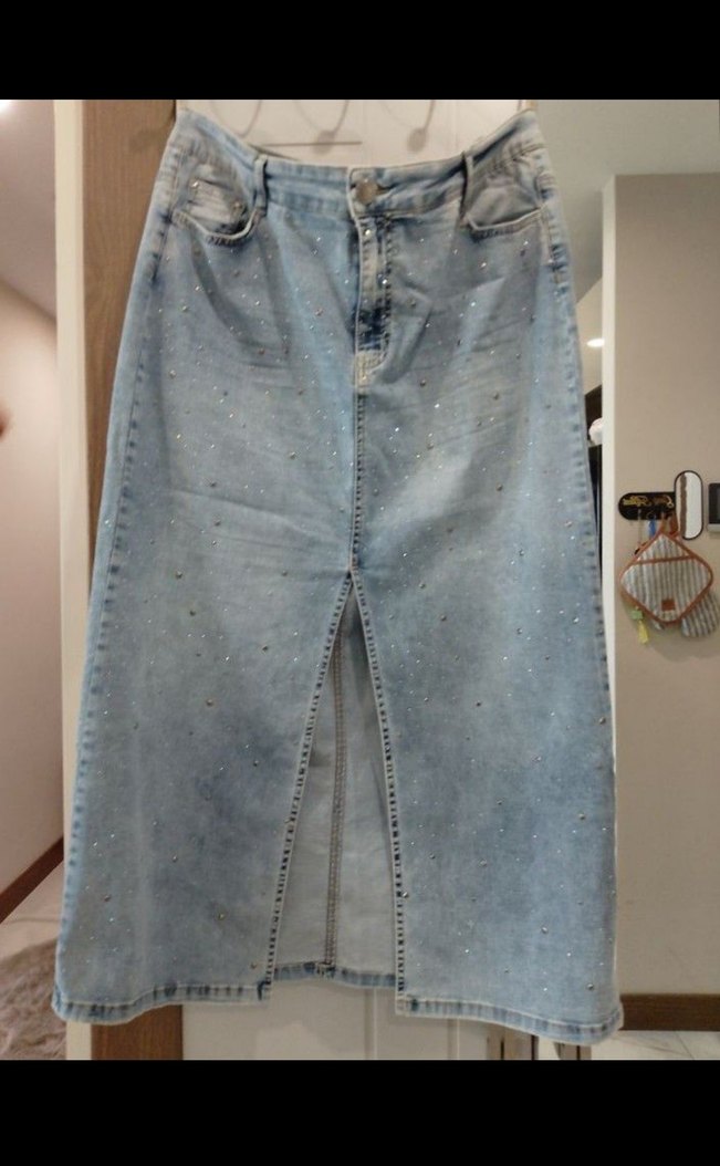 Düğmeli taşlı Mavi Midi Denim Etek - Görsel 2