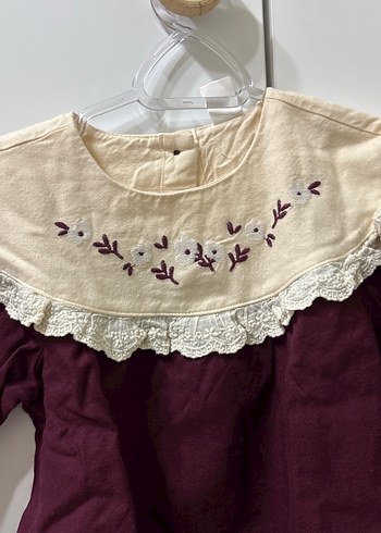 Bordo Nakışlı Fırfırlı Bohem Kız Bluzu - Görsel 3