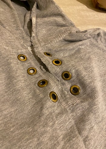 Düğmeli Gri Kapüşonlu Kadın Sweatshirt - Görsel 3